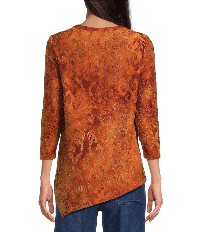 Calessa Knit Burnout Crew Neck 3/4 Sleeve Asymmetric Hem Tunic