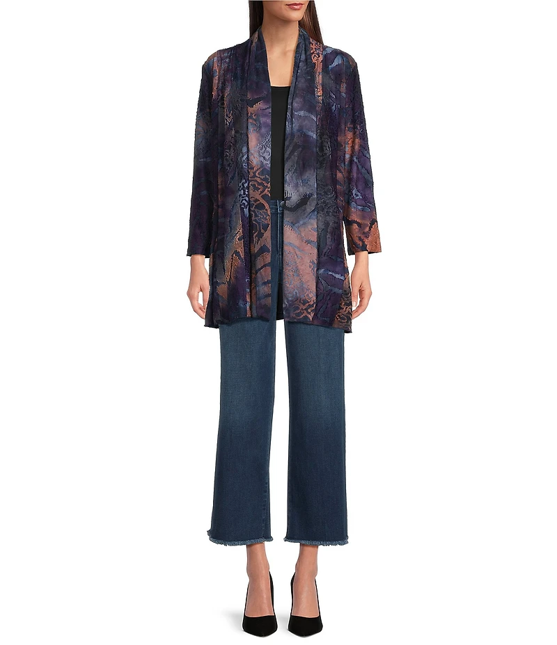 Calessa Knit Burnout Tie-Dye Print Wrist Sleeve Open-Front Cardigan