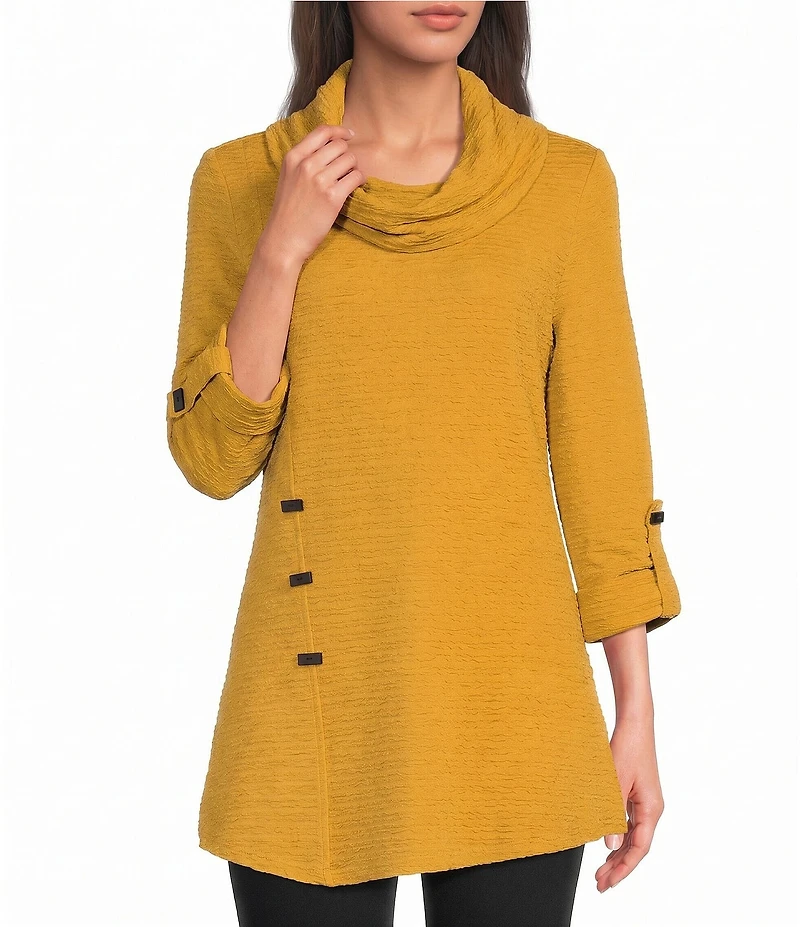 Calessa Knit Cowl Neck 3/4 Roll-Tab Sleeve Tunic