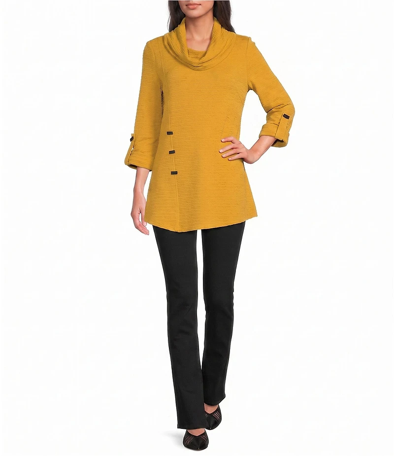 Calessa Knit Cowl Neck 3/4 Roll-Tab Sleeve Tunic