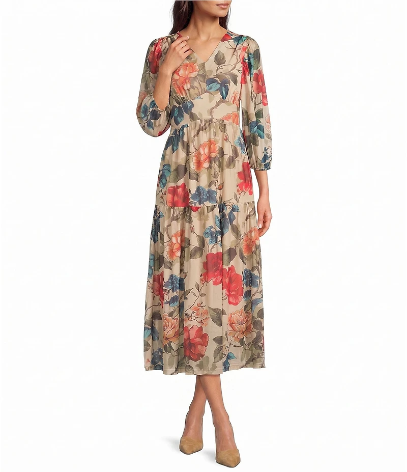 Calessa Knit Floral V-Neck 3/4 Sleeve Maxi Dress