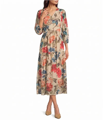 Calessa Knit Floral V-Neck 3/4 Sleeve Maxi Dress