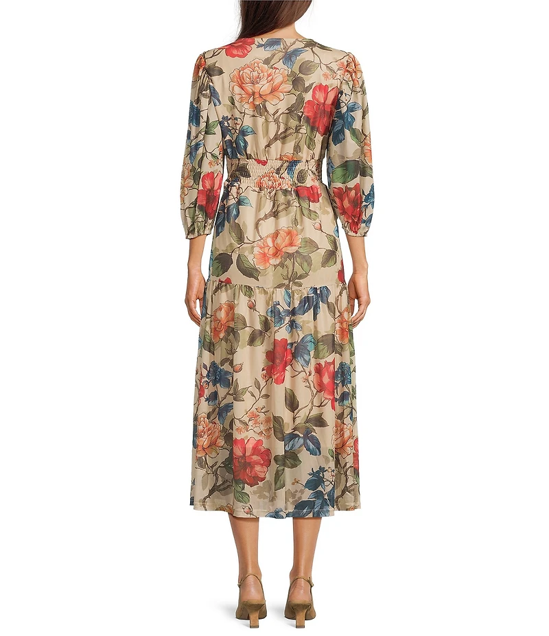 Calessa Knit Floral V-Neck 3/4 Sleeve Maxi Dress
