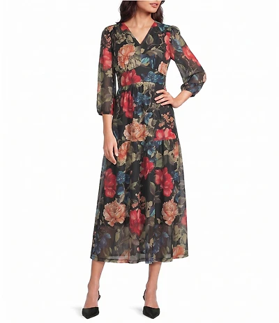 Calessa Knit Floral V-Neck 3/4 Sleeve Midi Dress