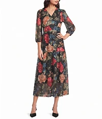 Calessa Knit Floral V-Neck 3/4 Sleeve Midi Dress