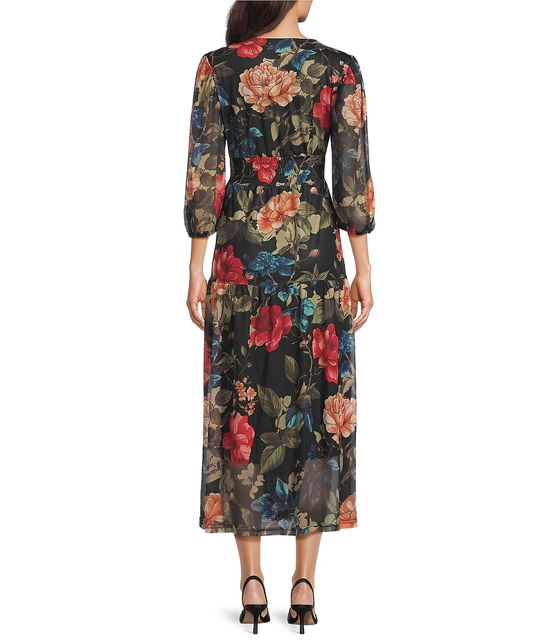 Calessa Knit Floral V-Neck 3/4 Sleeve Midi Dress