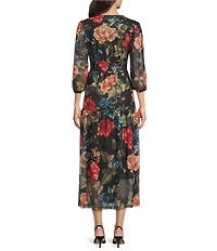 Calessa Knit Floral V-Neck 3/4 Sleeve Midi Dress