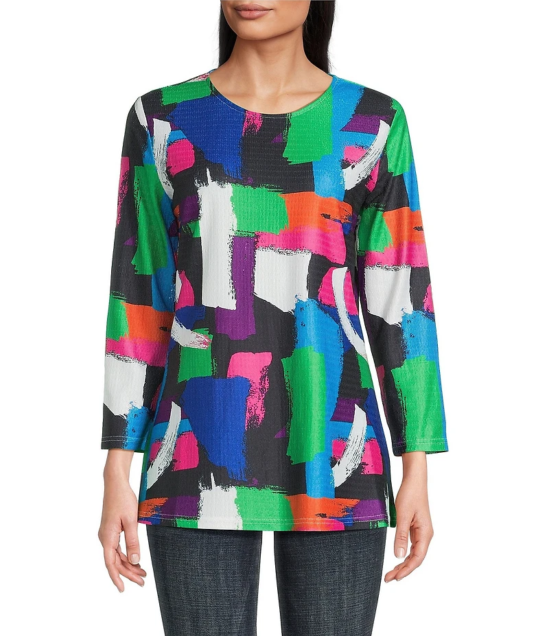 Calessa Knit Geometric Multi Print Scoop Neck Long Sleeve Tunic