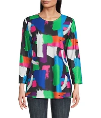 Calessa Knit Geometric Multi Print Scoop Neck Long Sleeve Tunic