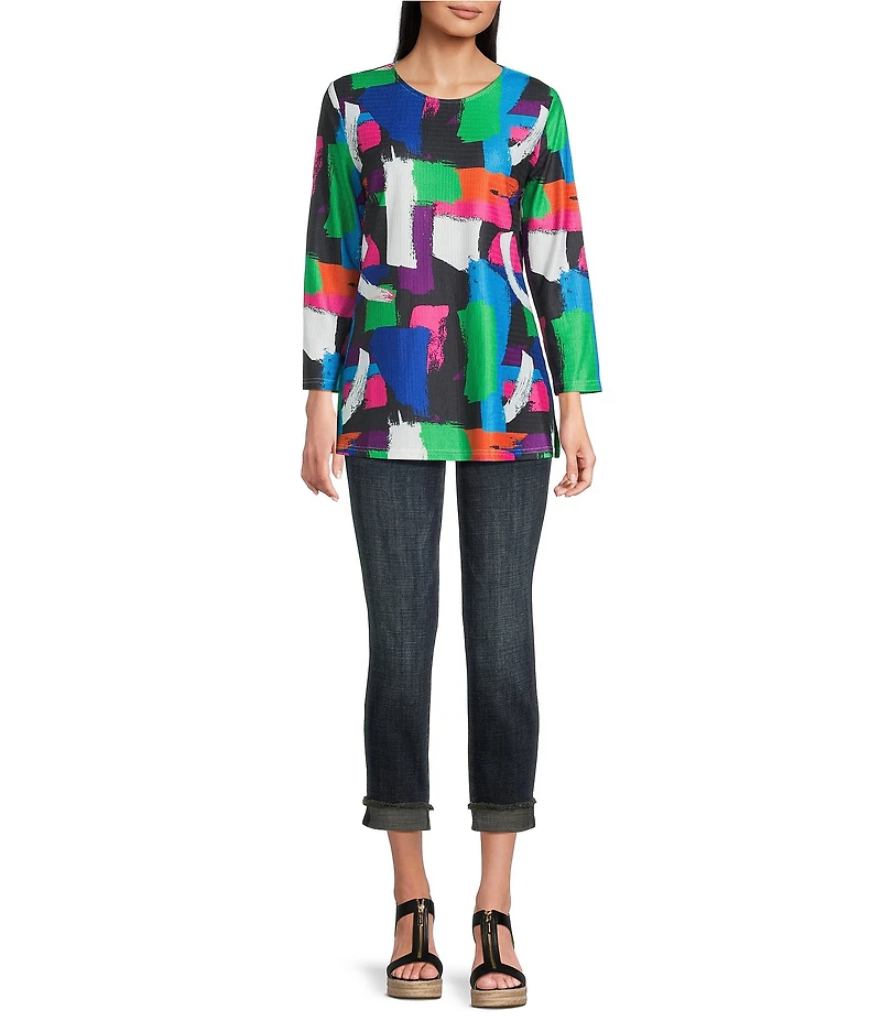 Calessa Knit Geometric Multi Print Scoop Neck Long Sleeve Tunic