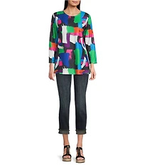 Calessa Knit Geometric Multi Print Scoop Neck Long Sleeve Tunic
