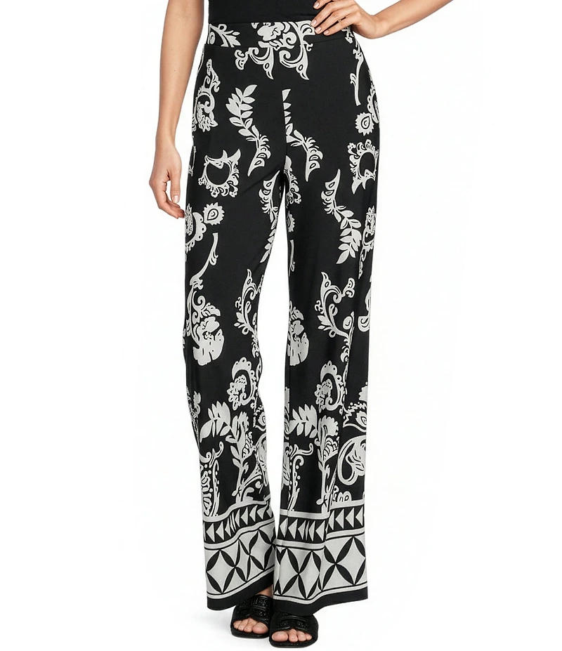 Calessa Knit Jersey Mosaic Border Print Wide Leg Pants
