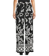 Calessa Knit Jersey Mosaic Border Print Wide Leg Pants