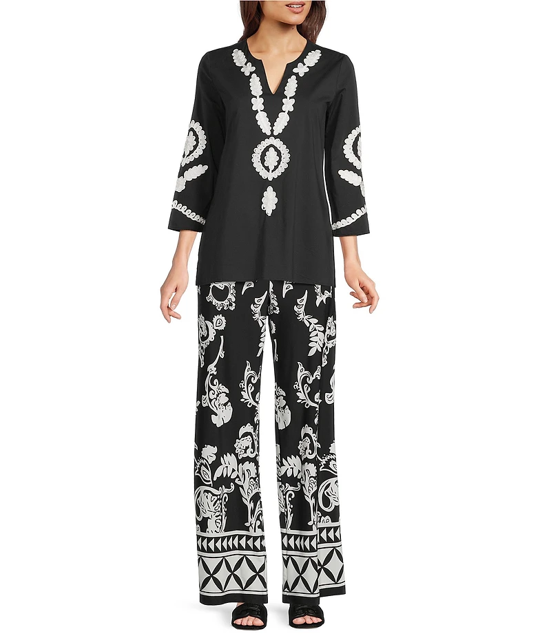 Calessa Knit Jersey Mosaic Border Print Wide Leg Pants