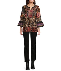 Calessa Knit Mixed Media Patchwork V-Neck 3/4 Sleeve Tunic