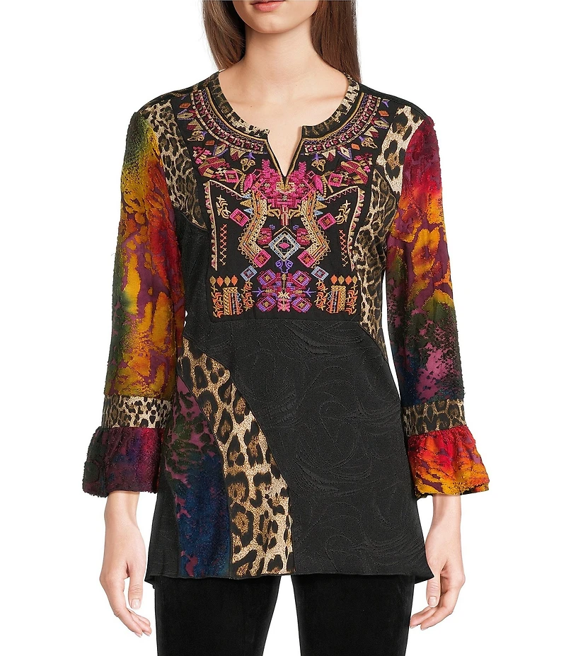 Calessa Knit Patchwork Embroidered Split V-Neck 3/4 Sleeve Tunic