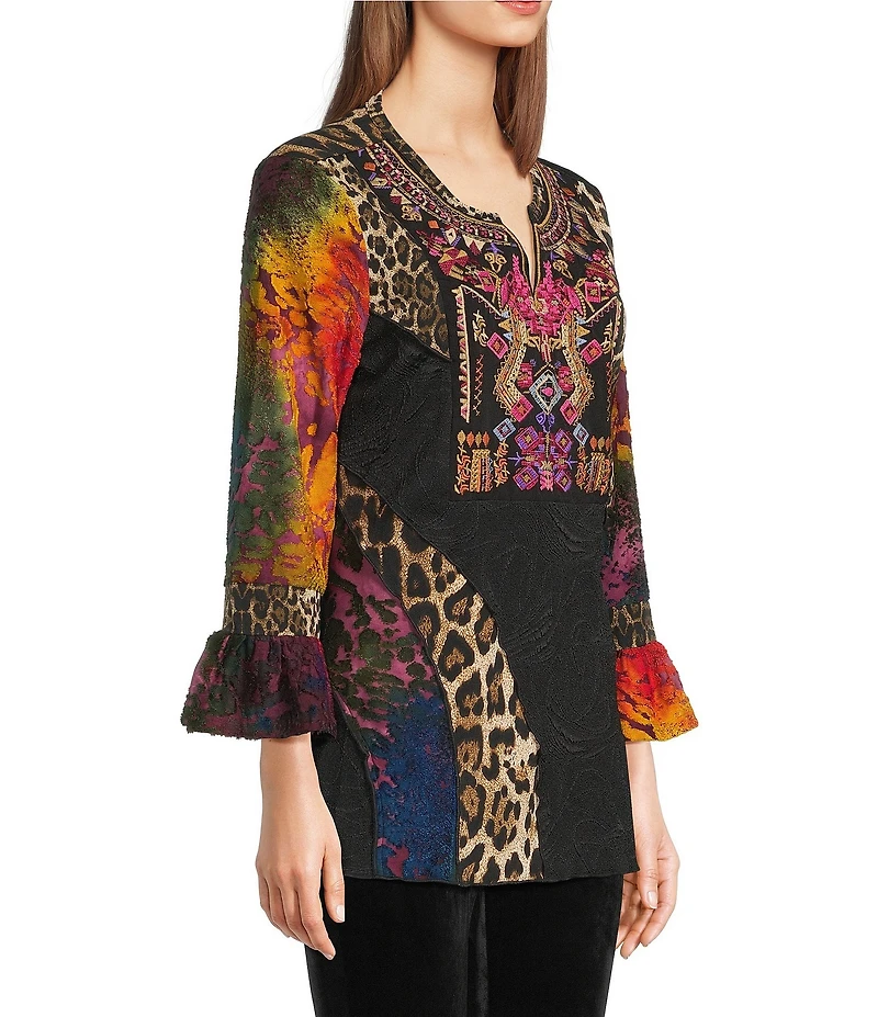Calessa Knit Patchwork Embroidered Split V-Neck 3/4 Sleeve Tunic