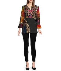 Calessa Knit Patchwork Embroidered Split V-Neck 3/4 Sleeve Tunic
