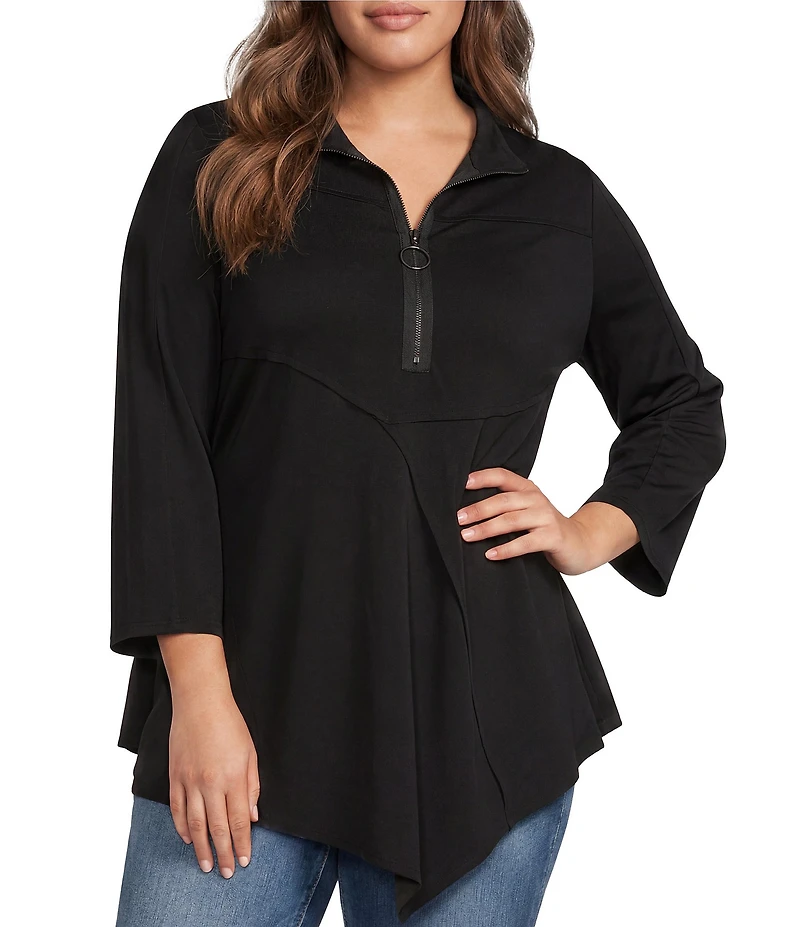 Calessa Plus Size Knit Quarter Zip Band Collar 3/4 Sleeve Tunic