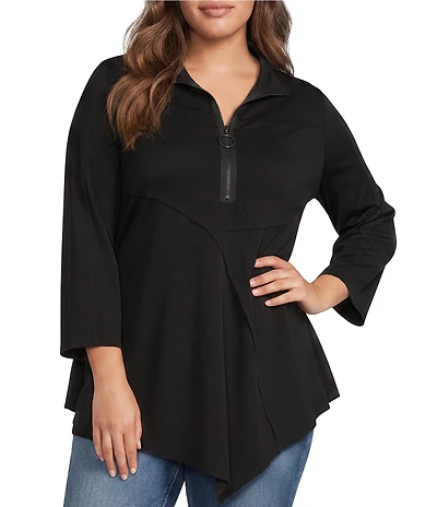 Calessa Plus Size Knit Quarter Zip Band Collar 3/4 Sleeve Tunic