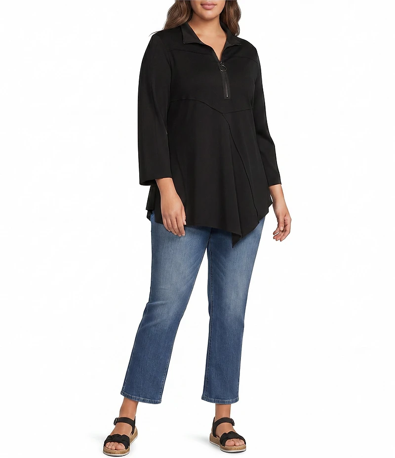 Calessa Plus Size Knit Quarter Zip Band Collar 3/4 Sleeve Tunic