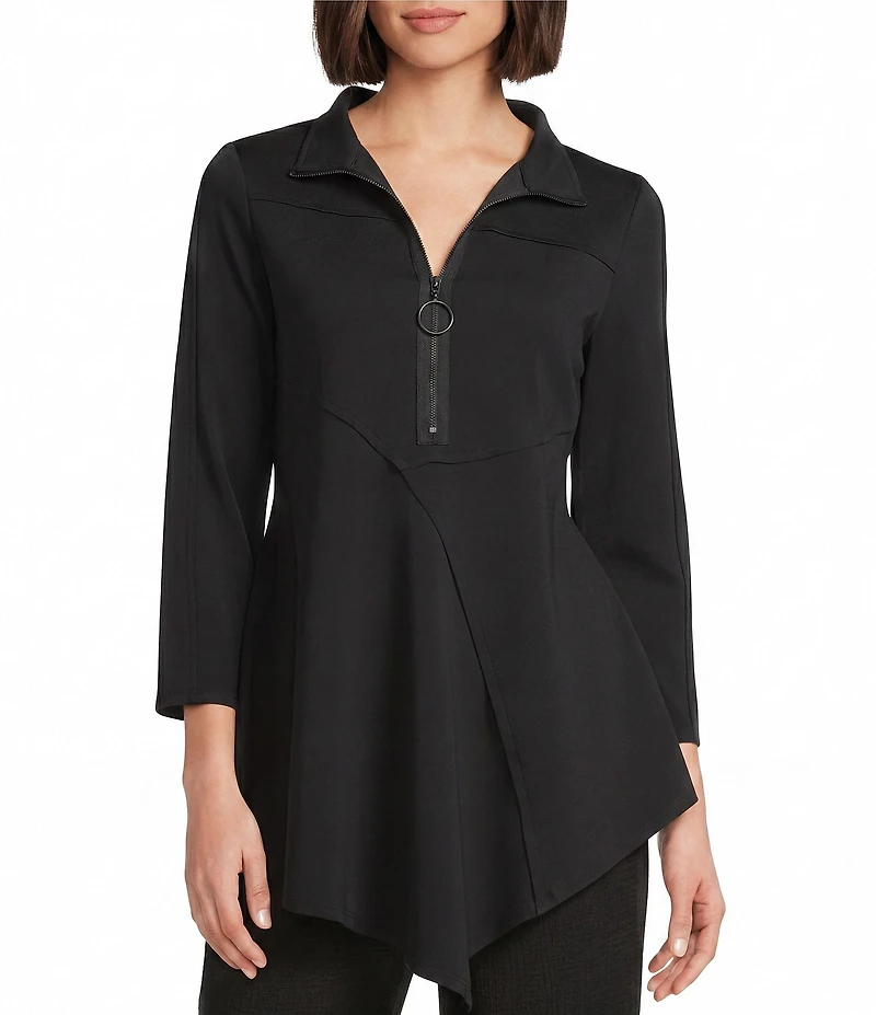 Calessa Knit Quarter Zip Band Collar 3/4 Sleeve Tunic