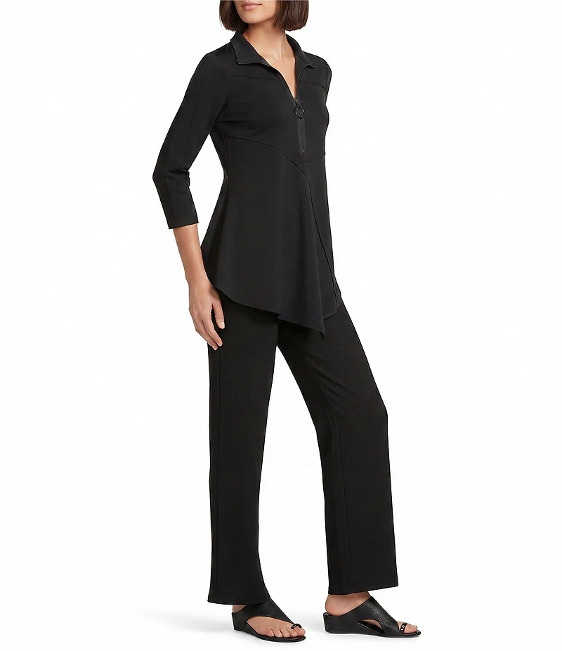 Calessa Knit Quarter Zip Band Collar 3/4 Sleeve Tunic