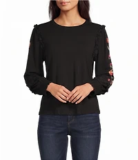 Calessa Knit Round Neck 3/4 Embroidered Sleeve Blouse