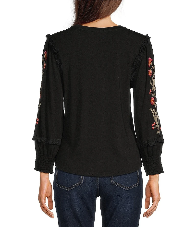 Calessa Knit Round Neck 3/4 Embroidered Sleeve Blouse
