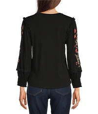 Calessa Knit Round Neck 3/4 Embroidered Sleeve Blouse