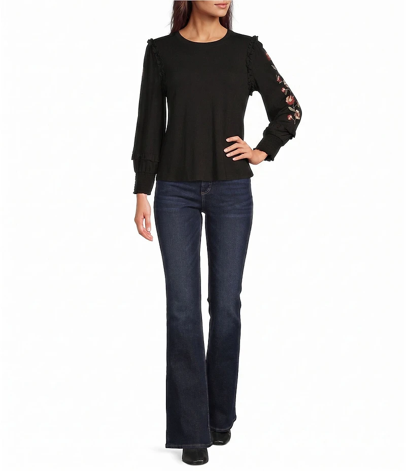 Calessa Knit Round Neck 3/4 Embroidered Sleeve Blouse