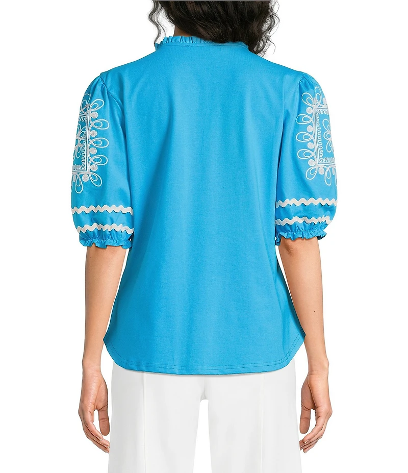 Calessa Knit Split Neck Embroidered Elbow Length Balloon Sleeve Top