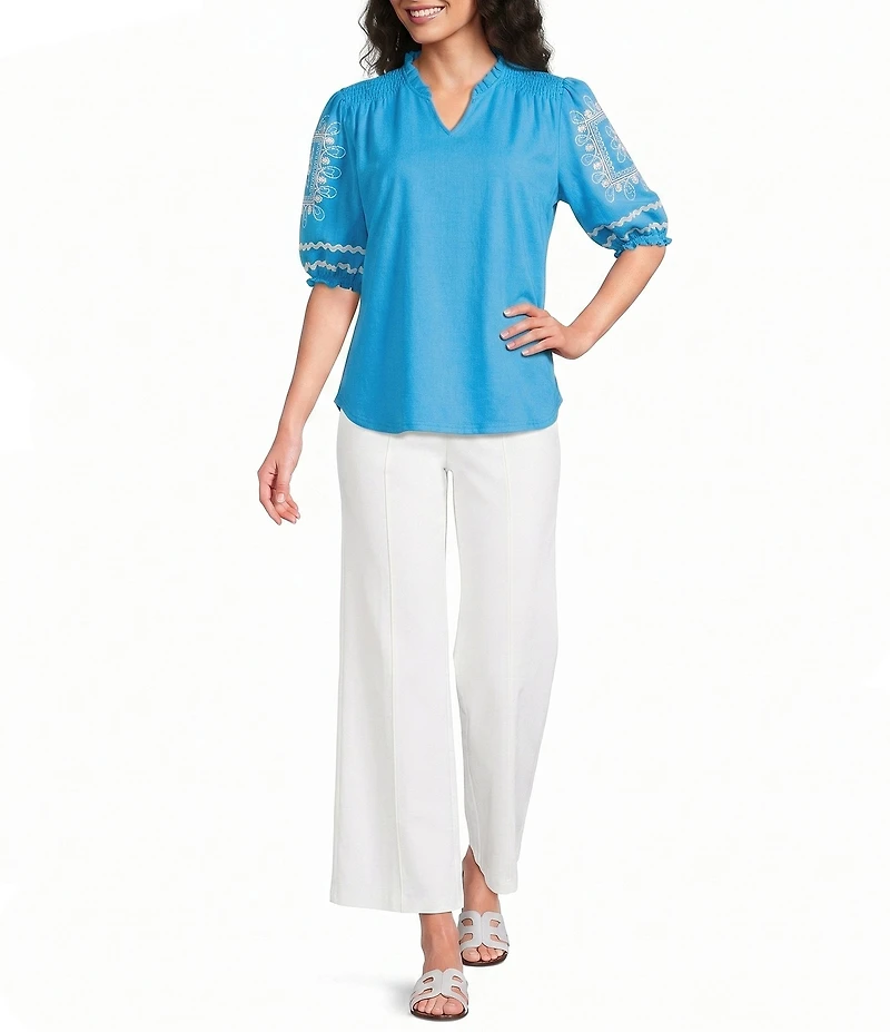 Calessa Knit Split Neck Embroidered Elbow Length Balloon Sleeve Top
