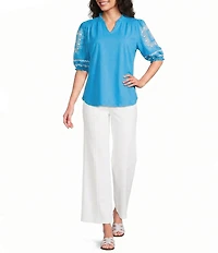 Calessa Knit Split Neck Embroidered Elbow Length Balloon Sleeve Top