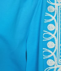 Calessa Knit Split Neck Embroidered Elbow Length Balloon Sleeve Top