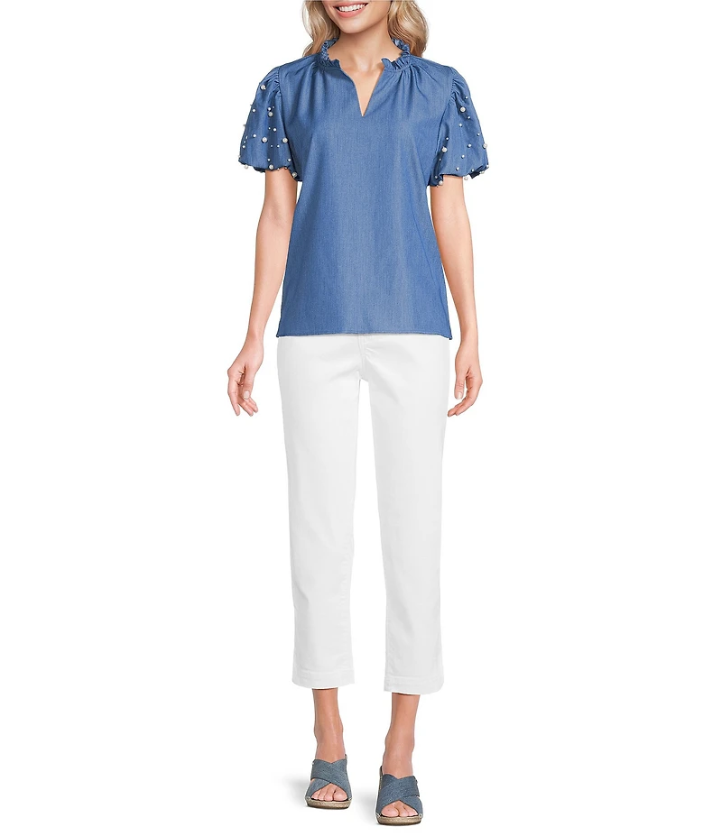 Calessa Knit Split V-Neck Beaded Short Puff Balloon Sleeve Tunic