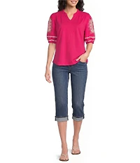 Calessa Knit Split V-Neck Embroidered Elbow Length Balloon Sleeve Blouse