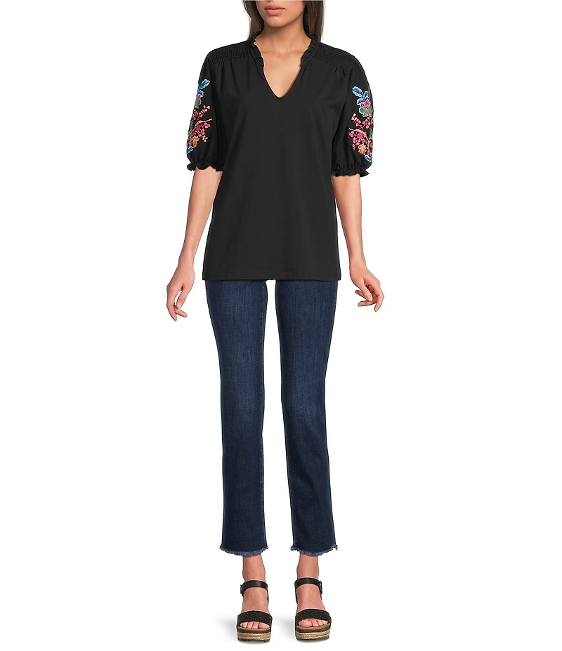 Calessa Knit Split V-Neck Embroidered Elbow Length Sleeve Top