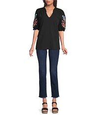 Calessa Knit Split V-Neck Embroidered Elbow Length Sleeve Top