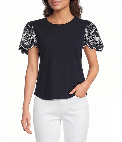 Calessa Knit Stretch Crew Neck Embroidered Short Sleeve Top
