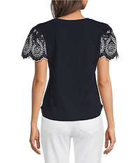 Calessa Knit Stretch Crew Neck Embroidered Short Sleeve Top