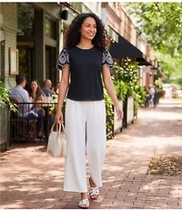Calessa Knit Stretch Crew Neck Embroidered Short Sleeve Top