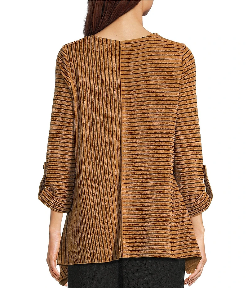 Calessa Knit Stripe Crew Neck 3/4 Sleeve Asymmetric Hem Tunic
