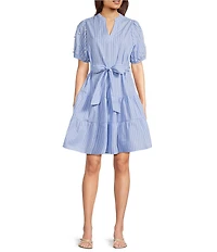 Calessa Knit Stripe Split V-Neck Beaded Short Balloon Sleeve A-Line Belted Dress