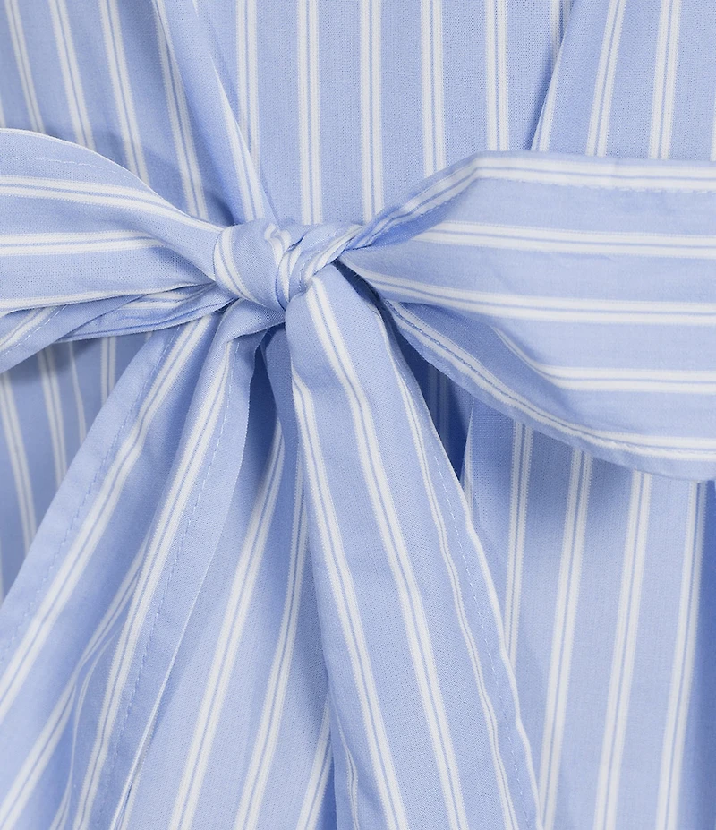 Calessa Knit Stripe Split V-Neck Beaded Short Balloon Sleeve A-Line Belted Dress