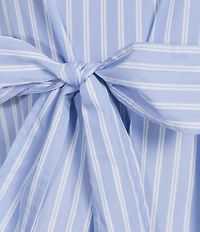 Calessa Knit Stripe Split V-Neck Beaded Short Balloon Sleeve A-Line Belted Dress