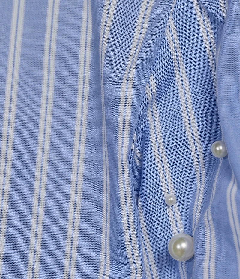 Calessa Knit Stripe Split V-Neck Beaded Short Balloon Sleeve Tunic