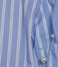 Calessa Knit Stripe Split V-Neck Beaded Short Balloon Sleeve Tunic