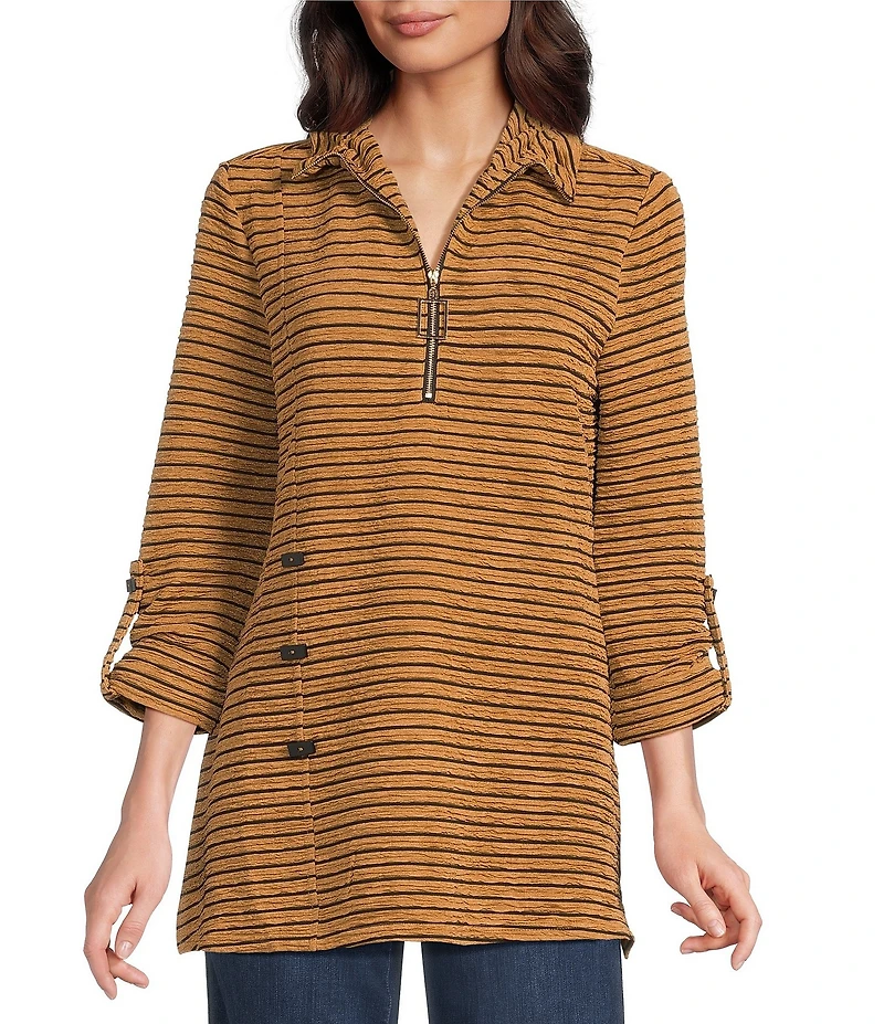 Calessa Knit Textured Artist Wire Collar Zip Front 3/4 Sleeve Tunic