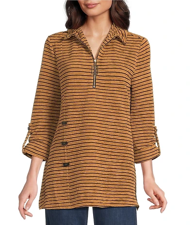 Calessa Knit Textured Artist Wire Collar Zip Front 3/4 Sleeve Tunic